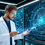 A professional scientist in a clean, modest lab coat, standing in a futuristic quantum research laboratory. He is observing a holographic projection displaying entangled light particles forming a secure, global communication network. The scene emphasizes innovation and cutting-edge technology, with a focus on data integrity. The scientist has perfect anatomy, well-formed hands, and natural body proportions, captured in a professional photograph with high detail. The image is safe for work, appropriate content, fully clothed, and professional.