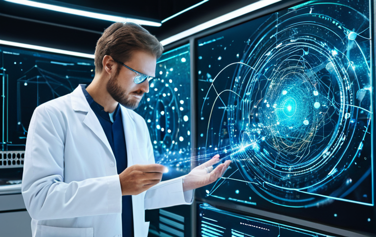 A professional scientist in a clean, modest lab coat, standing in a futuristic quantum research laboratory. He is observing a holographic projection displaying entangled light particles forming a secure, global communication network. The scene emphasizes innovation and cutting-edge technology, with a focus on data integrity. The scientist has perfect anatomy, well-formed hands, and natural body proportions, captured in a professional photograph with high detail. The image is safe for work, appropriate content, fully clothed, and professional.