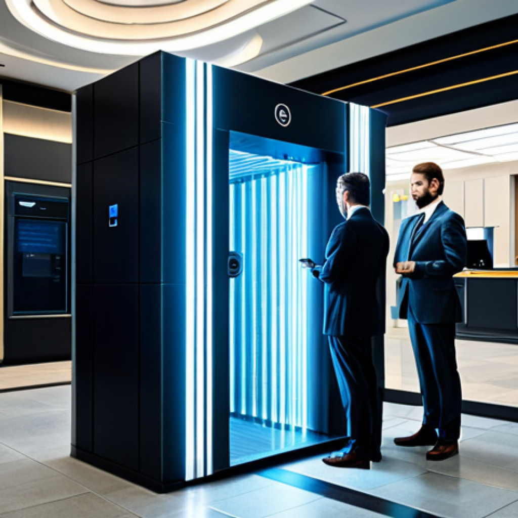 **Banking Security:** "A modern bank lobby, featuring a secure data vault protected by a glowing quantum field, a professional banker in modest attire assisting a customer, fully clothed, safe for work, appropriate content, professional photograph, perfect anatomy, natural proportions."