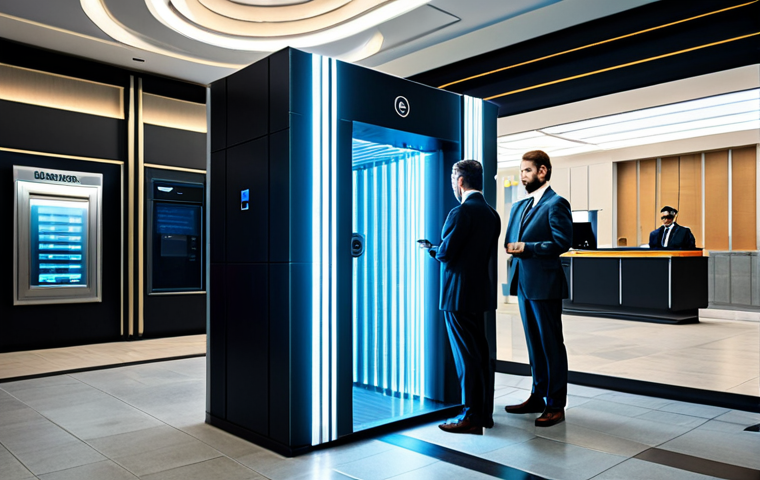 **Banking Security:** "A modern bank lobby, featuring a secure data vault protected by a glowing quantum field, a professional banker in modest attire assisting a customer, fully clothed, safe for work, appropriate content, professional photograph, perfect anatomy, natural proportions."