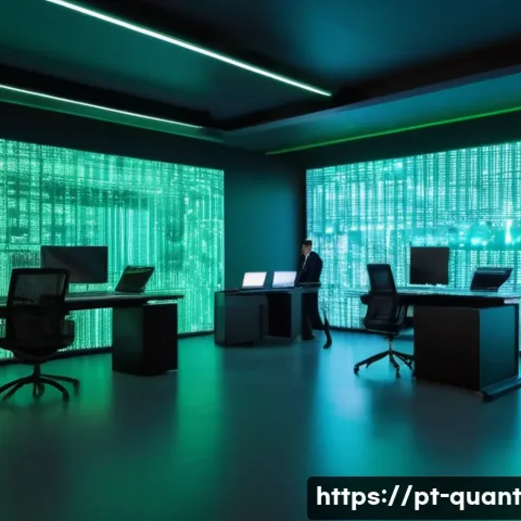 양자 보안 기술의 사회적 인식 변화 - A futuristic corporate office environment in Brazil, showcasing a diverse group of professionals wor...