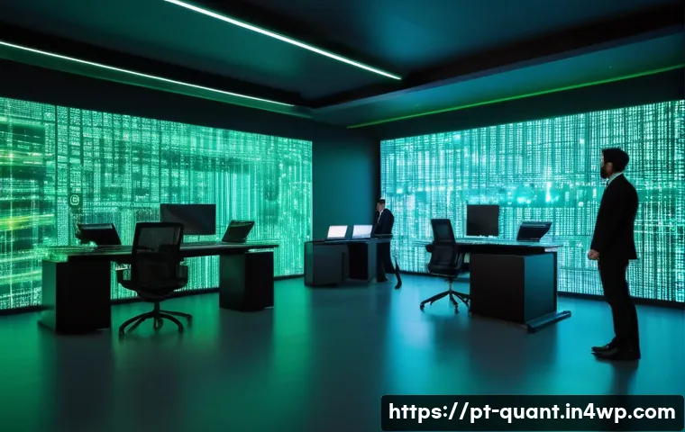 양자 보안 기술의 사회적 인식 변화 - A futuristic corporate office environment in Brazil, showcasing a diverse group of professionals wor...