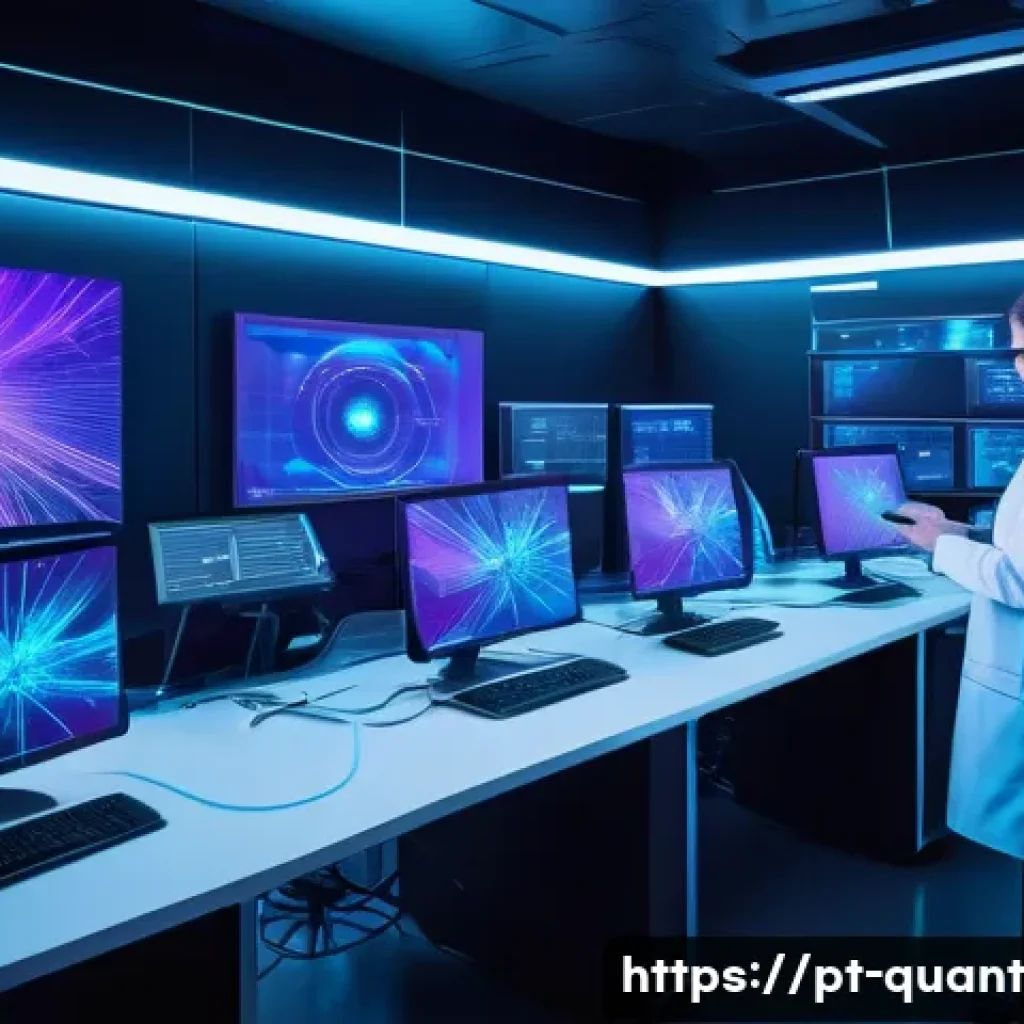 양자 보안 시스템 설계 시 고려사항 - A futuristic quantum communication laboratory scene featuring advanced quantum devices and fiber opt...