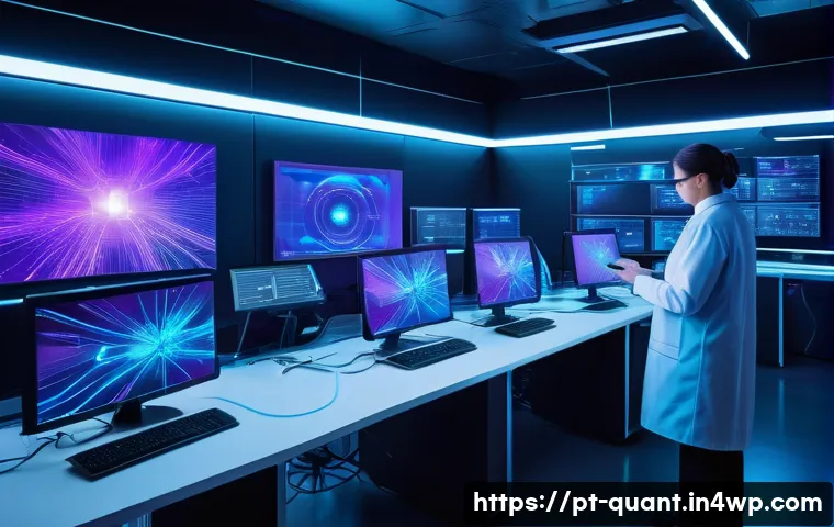 양자 보안 시스템 설계 시 고려사항 - A futuristic quantum communication laboratory scene featuring advanced quantum devices and fiber opt...