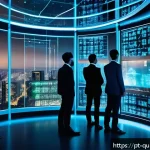 Home 23 양자 보안 기술의 글로벌 경쟁력 평가 - A futuristic digital vault room filled with glowing quantum computer hardware and holographic encryp...