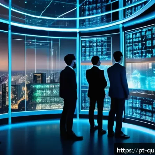 Home 17 양자 보안 기술의 글로벌 경쟁력 평가 - A futuristic digital vault room filled with glowing quantum computer hardware and holographic encryp...
