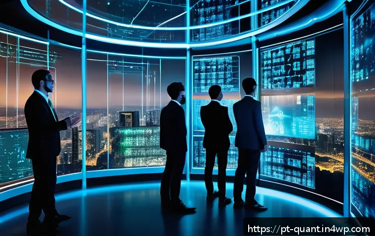양자 보안 기술의 글로벌 경쟁력 평가 - A futuristic digital vault room filled with glowing quantum computer hardware and holographic encryp...