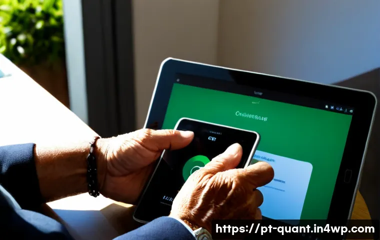 양자 보안 기술의 사용자 경험 개선 방안 - Photorealistic close-up of a Portuguese-speaking older adult using a simple quantum-secure banking a...